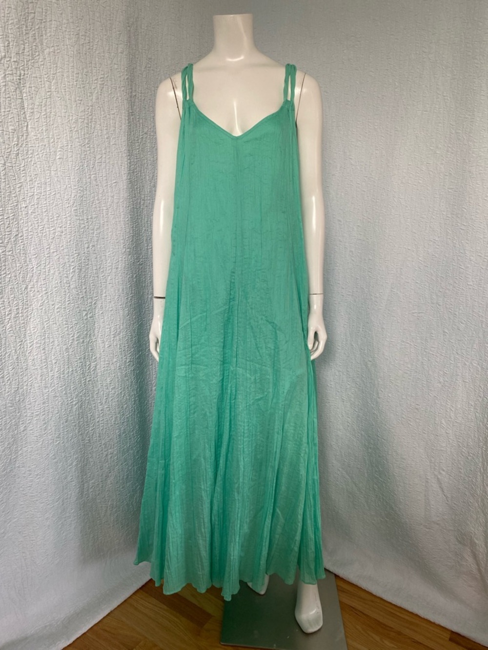 Garnet Hill Lite Green Maxi Slip Dress with Tie Straps Crinkle Cotton Lagenlook